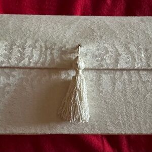 Vintage White Fabric Jewelry Box with removable 3 compartment tray.